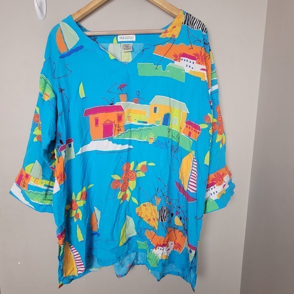80's Colorful Novelty Print V-Neck Sailboat Mediterranean Colorful Cover up 1X